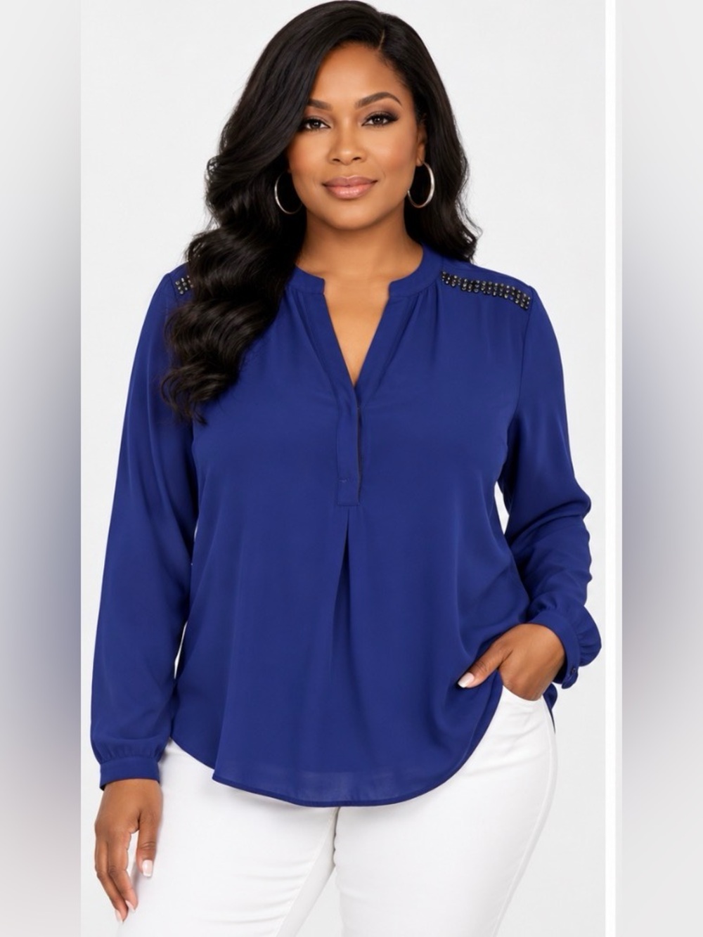 Blue Asymmetrical Long Sleeve Blouse with Mandarin Collar
